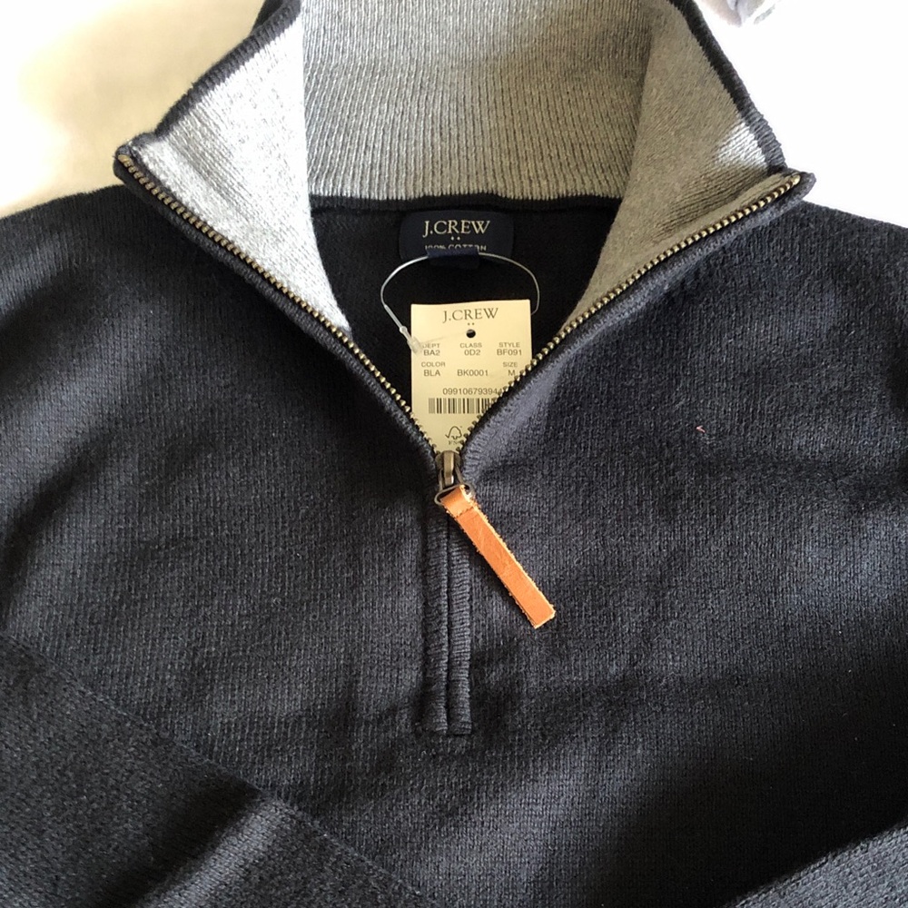J. Crew Men's Navy Half-Zip Sweater with Gray Collar and Leather Pull